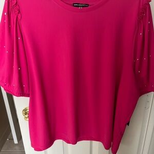 Karl Lagerfeld Paris 3X Elegant Pearl-Studded Puff Sleeve Top in Hot Pink